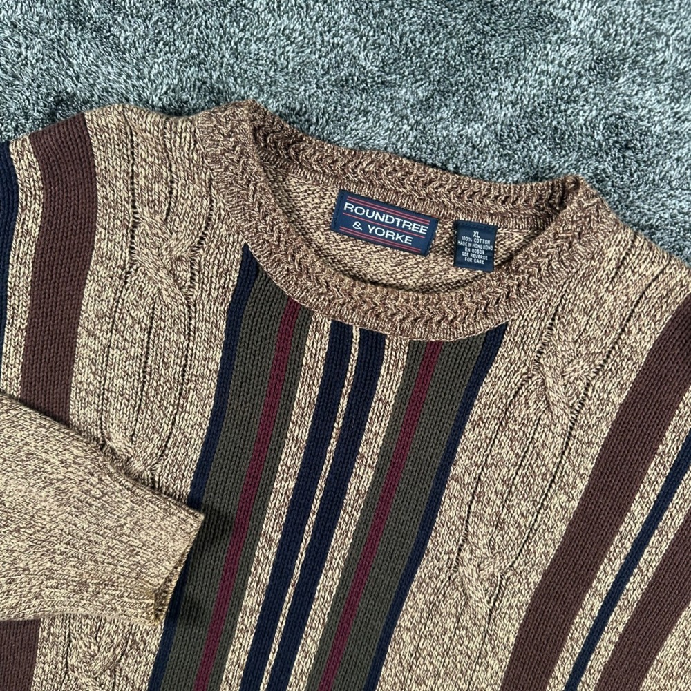 Roundtree & Yorke Knit Sweater Mens XL Brown Tan Cotton Striped Cable Crewneck